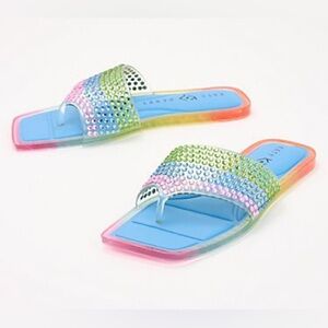 Katy Perry Crystal Embellished Rainbow Slide Sandals - Blue